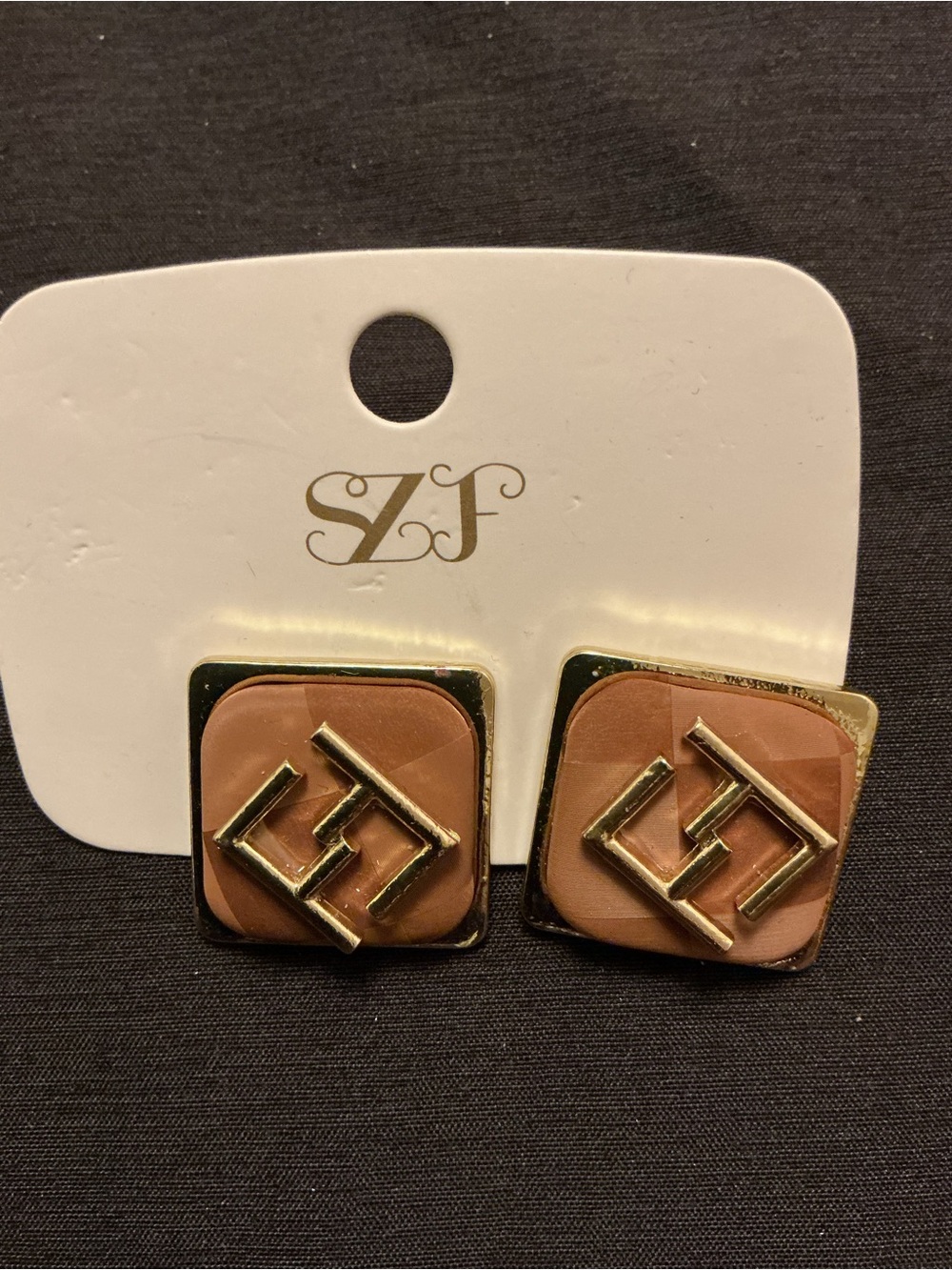 Gold-Tone & Tan Square wooden Logo Clip Earrings